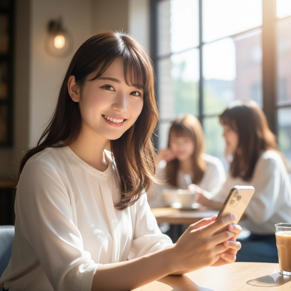 休日のカフェ待ち合わせをイメージした、明るく清潔感のある女性
